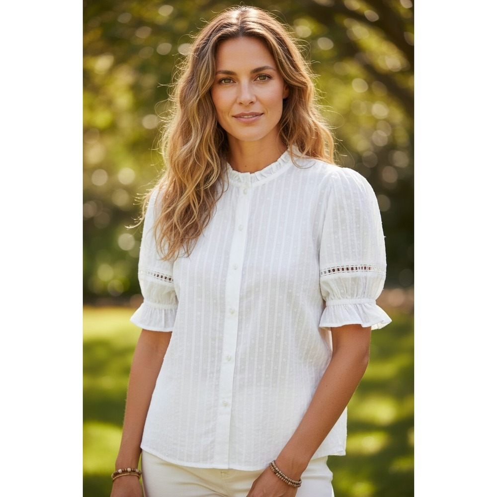 Saks Fifth Avenue Women's Small White Swiss Dot Puff‎ Sleeve Blouse
